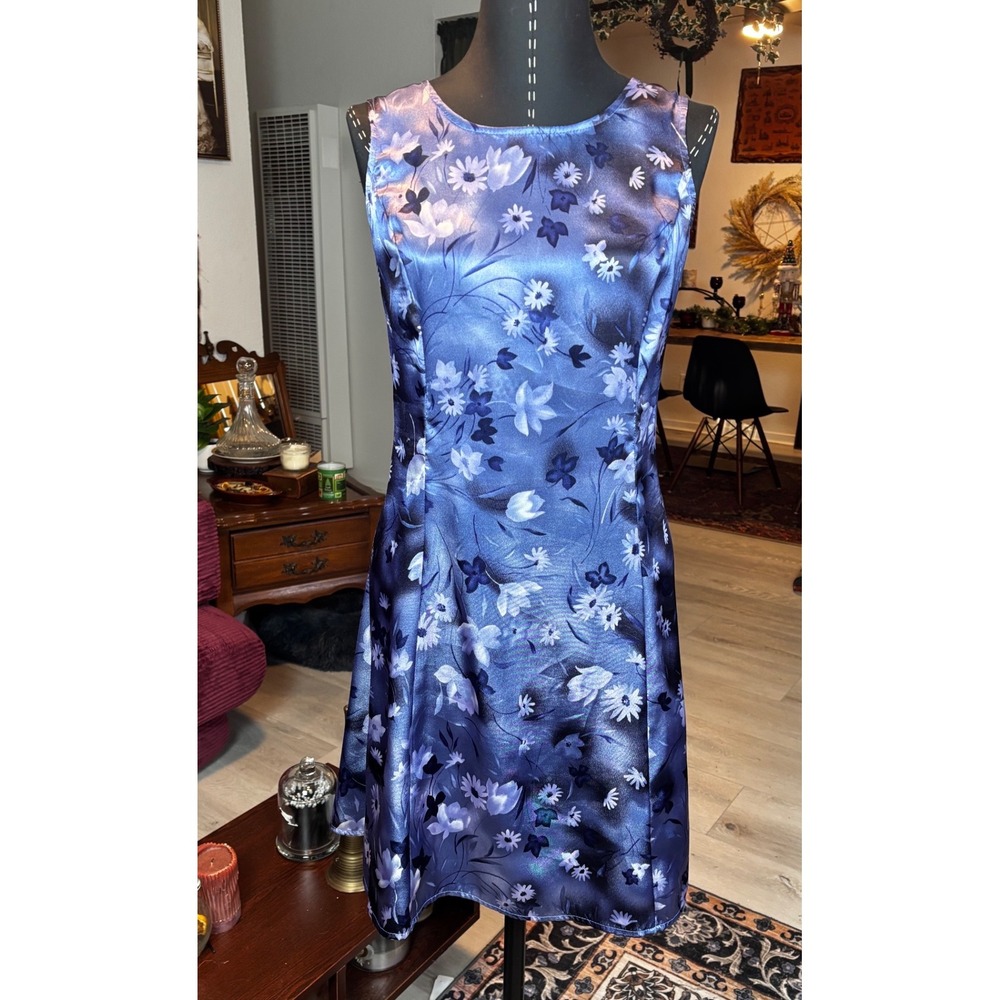Lisa Jo Floral Print Blue Satin Lace Up Back Dress Women's Y2K 90's